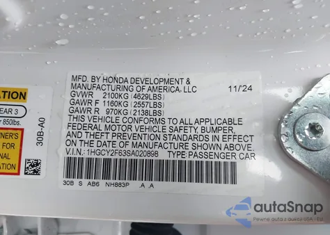 2025 Honda Accord Hybrid Ex-L из США, поврежденный, VIN 1HGCY2F63SA020898